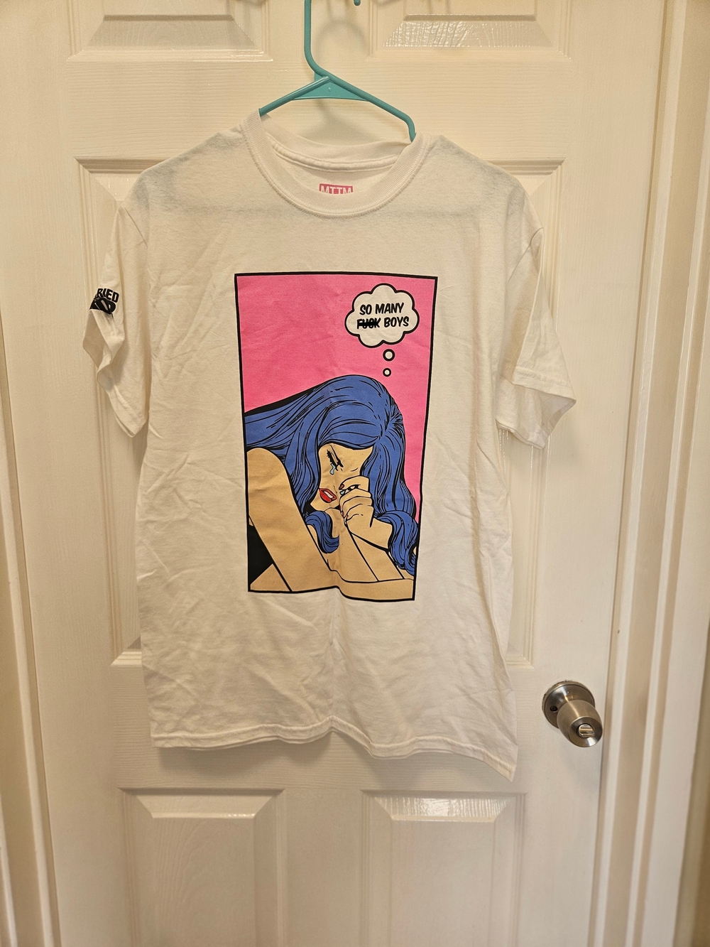Graphic Comic Girl Tee in White with Pink & Blue Print
